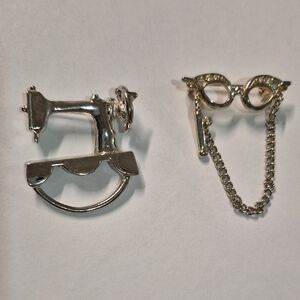 Silver Sewing Machine and Glasses Brooch Set
